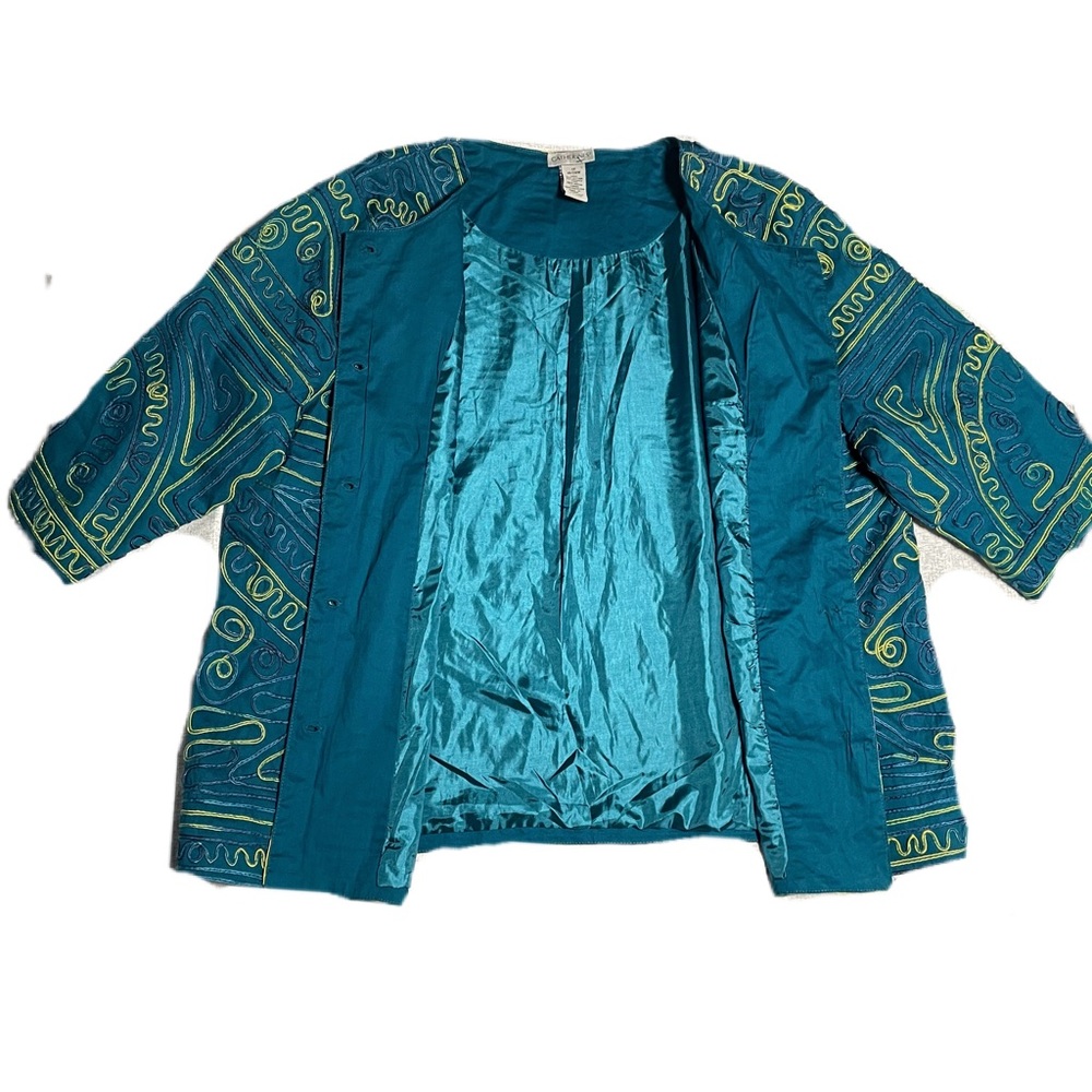 Catherines Blazer Jacket Plus Size 1X Embroidered Teal Green Aqua Yellow Unique